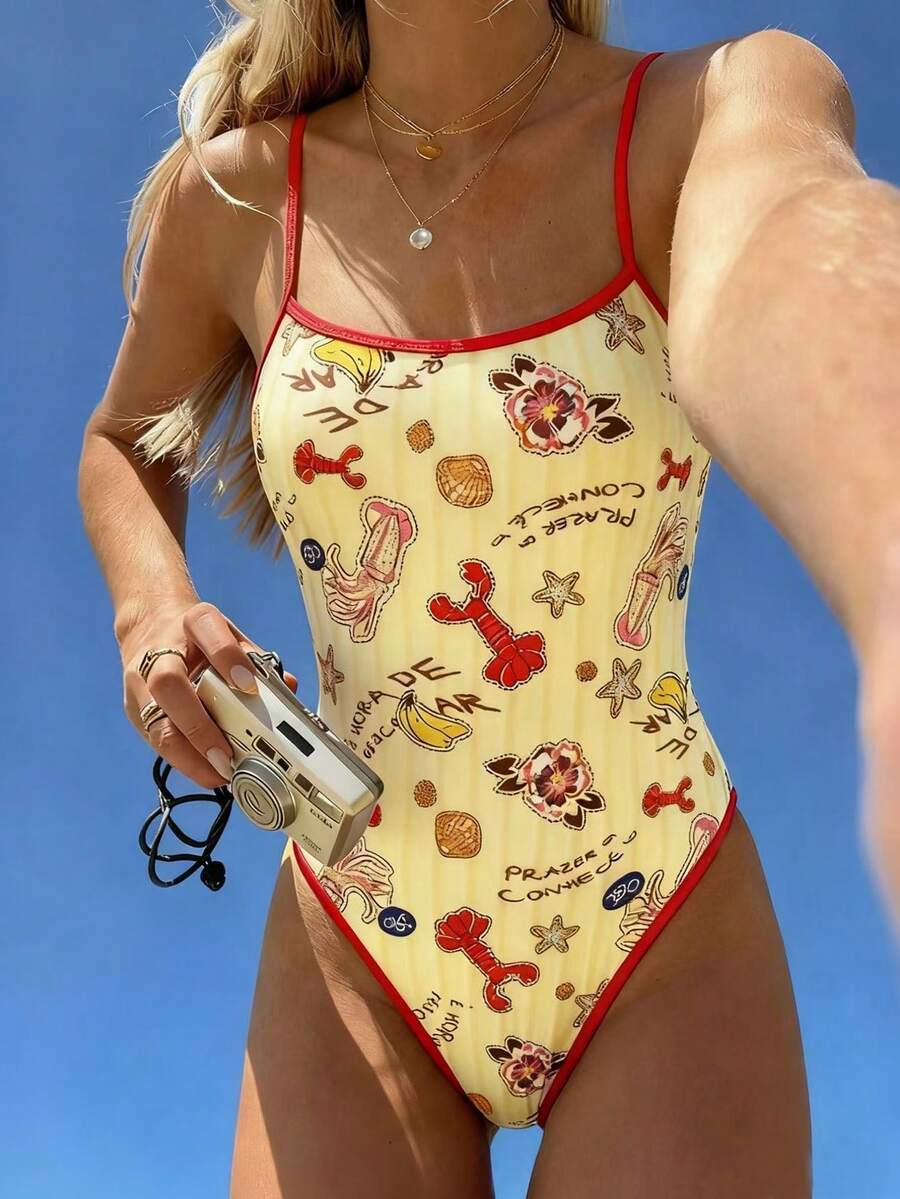 Swim Mod 新款欧美风性感连体泳衣，高腰三角泳裤，海洋生物印花撞色细肩带，聚拢胸部设计，可调节肩带，性感连体泳衣，适合女孩，甜美温泉海滩度假，修身泳装，生日派对 - 彩色 - 查看 1