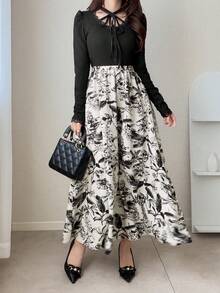 FRIFUL Women's Criss-Cross Binding Square Neck Ribbed Petal Sleeve Fitted Lace Hem Floral Decor Sweet Long Dress Maxi Dress Sundress - Black - View 4