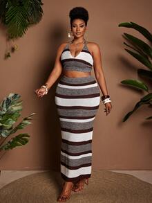 Maweii Bộ đồ nữ cỡ lớn: Áo croptop không tay cổ yếm hở lưng buộc dây phối màu tương phản kẻ sọc và chân váy dài ôm sát eo chun, thích hợp mặc hàng ngày, đi biển. - Nhiều màu - Xem 4