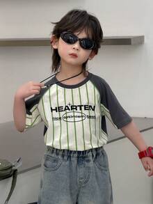 DAZY Young Boy Round Neck Letter Print Casual Versatile Daily Wear Short Sleeve T-Shirt - Green - View 7