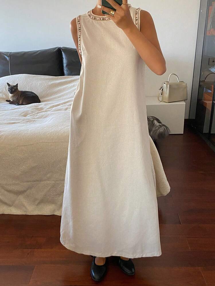 Women's Solid Color Round Neck Sleeveless Mid-Length Dress,Valentine Outfits For Women Sundress