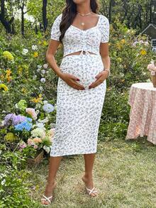 SHEIN 孕妇碎花抽绳上衣和半裙两件套，夏季度假 - 白色 - 查看 5