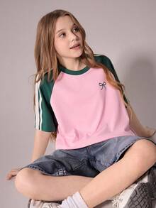 SHEIN Tween Girls' 2-Piece Set Pink & Green Bow Print Loose Round Neck T-Shirt,Black And White,Summer,Casual,School Comfortable Versatile Summer Tops - Multicolor - View 6
