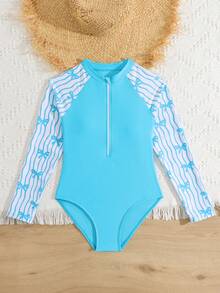 SHEIN 少女连体泳衣，可爱女孩旅行度假蝴蝶结条纹针织面料长袖防晒拉链设计连体裤，时尚休闲优雅女士适合游泳、夏季度假、海滩、泳池、假日派对 - 藍色 - 查看 6