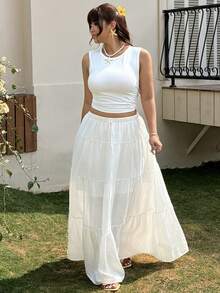 GalTyme Bộ đồ 2 món cỡ lớn dành cho kỳ nghỉ hè: Áo croptop màu trơn và chân váy xếp ly. - trắng - Xem 7