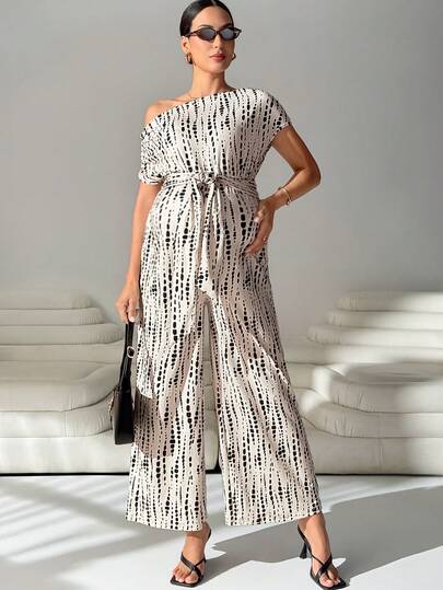 MaterniWear Summer Outfits Maternity Work Clothes Maternity Work Outfits   Maternity Work Jumpsuits  Maternity Abstract Print Jumpsuit With Off-Shoulder Belt Maternity Summer Casual Vacation Style All-Over Print Asymmetrical Neck Tie Waist Loose Wide Leg Jumpsuit