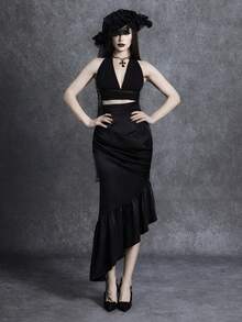 Glisette Falda elegante francesa de cintura alta con volantes y dobladillo fruncido - Negro - Ver 5