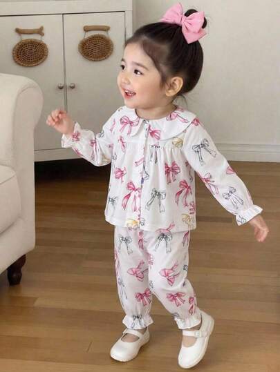 Souflis Souflis Baby Girls' Bow Print Casual Shirt + Pants Set