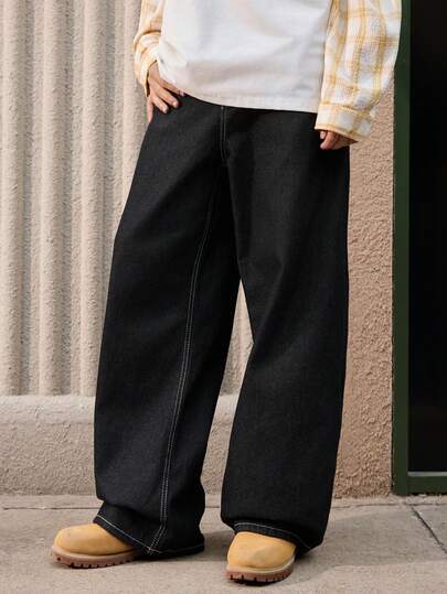 Open Phase 男士复古水洗宽松直筒牛仔裤，休闲街头风男女通用阔腿裤（产品不含腰带和配饰），宽松版型，适合男士夏季度假穿着。