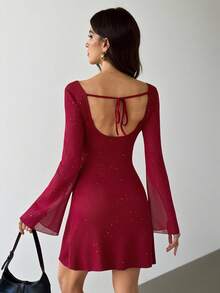 SHEIN Tall 优雅蝴蝶结露背性感亮片修身迷你连衣裙，婚礼宾客礼服，红色连衣裙，圣诞节，新年礼服 - 酒紅色 - 查看 4