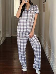 SHEIN Napfluff Conjunto de pijama con chaqueta de cárdigan de manga corta con estampado de cuadros para mujer - Multicolor - Ver 6