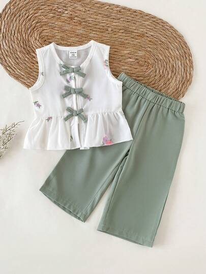 SHEIN 2pcs/Set Baby Girls' Round Neck Sleeveless White Floral Embroidered Ruffle Hem Tank Top + Elastic Waist Green Wide Leg Pants Casual Elegant Cute Outfit, Suitable For Summer Daily Outings, Travel, Vacation, Photography, Picnic And Other Occasions