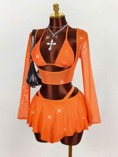 Amplova Sequin Detail Sexy Tight Long Sleeve Crop Top & Tight Inverted V Mini Skirt 2 Pieces Set Summer Outfit For Women  Spring Outfit Women Party Beach Vacation Outfits For Women Graduation Ceremony Birthday Outfits For Women Elegant  Beach Vacation Outfits For Women Casual See Through Two Piece Set Orange Two Piece Swimsuit Three Piece Set Sparkle Two Piece Set Orange Two Piece Set