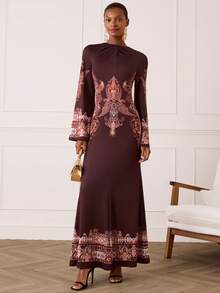 Lilora 女士优雅佩斯利印花圆领喇叭袖连衣裙 - 棕色 - 查看 3