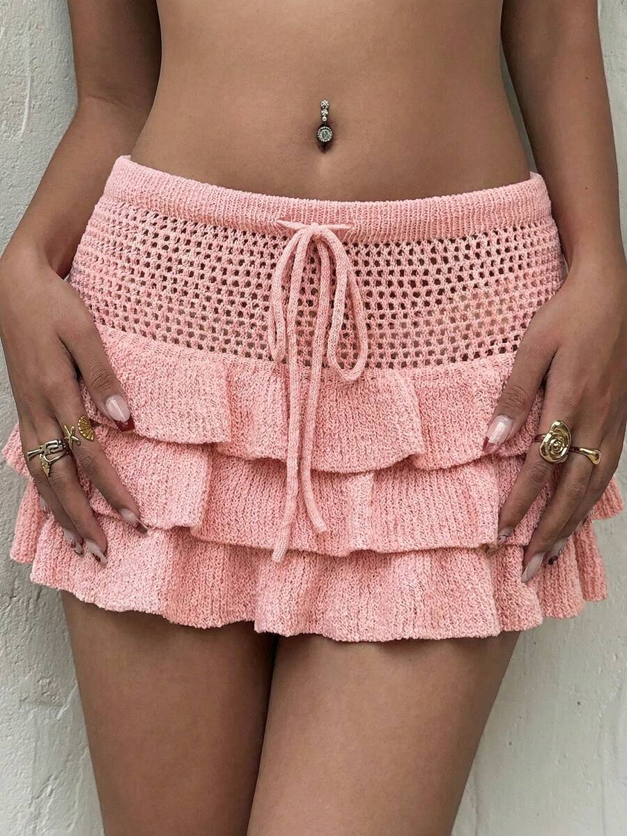 Sunnyshic Women's Pink Casual Dress, Fashion Cake Skirt, Suitable For Summer Beach, Sexy Super Skirt, Hollow Out Cute Puff Skirt - Pink - View 1