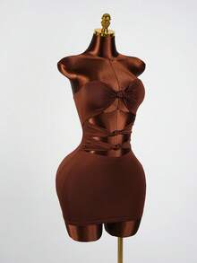 SaltGleam SaltGleam Vestido tubo ajustado de unicolor minimalista con diseño retorcido y hueco, estilo sexy para vacaciones en la playa - Marrón - Ver 4