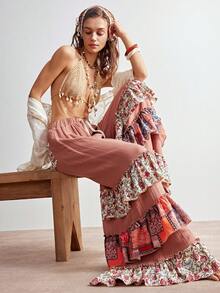 Bohemela Casual Vacation Woven Patchwork Ruffle Hem Loose Wide Leg Women Pants - Red - View 5