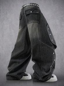 Manfinity Denimwave 男士休闲街头风做旧弧形拼接阔腿深灰色牛仔裤 - 深灰色 - 查看 6