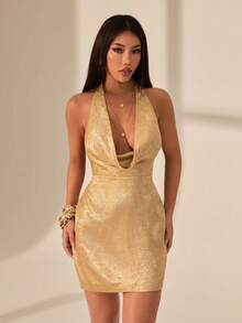 SHEIN PETITE 秋冬季纯金纹理深V露背迷你优雅连衣裙，金色连衣裙，性感秋季连衣裙，适合夜店派对、外出等场合，秋季女装，复古富贵，女士派对连衣裙 - 金色 - 查看 8