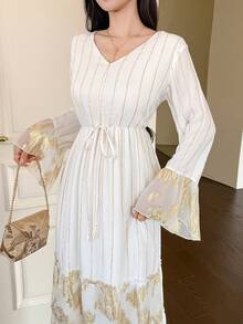 DAZY Women's Elegant Floral & Striped Patchwork V-Neck Flare Sleeve Mid-Length Dress, Spring/Summer Wedding Guest Dress Sundress - White - View 6