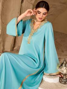 Al Najma Women's Elegant Minimalist Luxurious Floral Collar Gold Ribbon Splice Deep V-Neck Loose Arabian Dress - Teal Blue - View 2