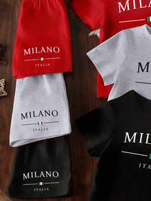6pcs/Set Baby Boys' Casual Fashionable Creative Personalized Refreshing Cute Minimalist Line Italy Flag Graphic Letter Slogan Print Tee And Shorts Outfit, Comfortable Daily Wear, Suitable For Spring, Summer, Cozy Summer Styles, Red, Grey, Black - Multicolor - View 4