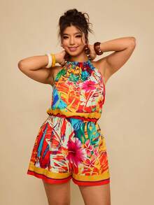 Travachic 大码女式热带植物印花时尚吊带连体裤 - 亮橙色 - 查看 3