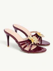 CUCCOO CHICEST 酒红色细高跟凉鞋，饰有金色金属质感3D立体花卉图案，性感露趾 - 酒紅色 - 查看 4