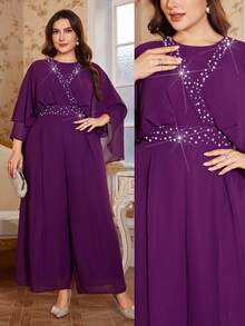 Reflora Bộ áo liền quần bằng vải chiffon thanh lịch dành cho nữ cỡ lớn, thích hợp cho các bữa tiệc, mùa thu/đông/xuân. - Màu tím - Xem 10