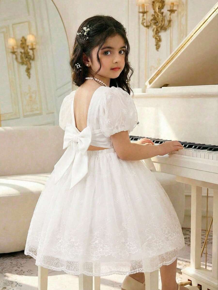 Young Girl Elegant & Cute Summer Mesh Embroidered Graphic Short Sleeve Dress - White - View 1