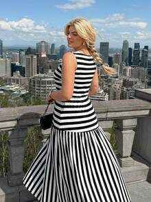 Dripcurv Plus Size Women's Spring Black And White Striped Knit Long Dress,Summer Dresses,Summer Holiday Outfits,Elegant Ceremony Dresses - Black and White - View 6