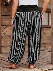 SHEIN CURVE+ Curve 尺码 US22 音乐节、海滨度假、波西米亚风女士条纹弹力腰宽松哈伦裤，休闲度假风 - 黑色 - 查看 2