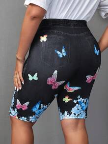EMERY ROSE Leggings cortos informales con estampado de mariposa para mujer de talla grande - Negro - Ver 4