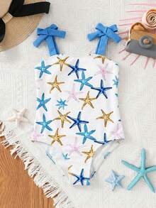 Emery Rose Kids Emery Rose Kids Áo tắm liền thân cho bé gái mùa xuân hè, chất liệu dệt kim chắp vá, họa tiết sứ xanh trắng cổ điển, dây mảnh, có nơ. - Màu xanh lam - Xem 2