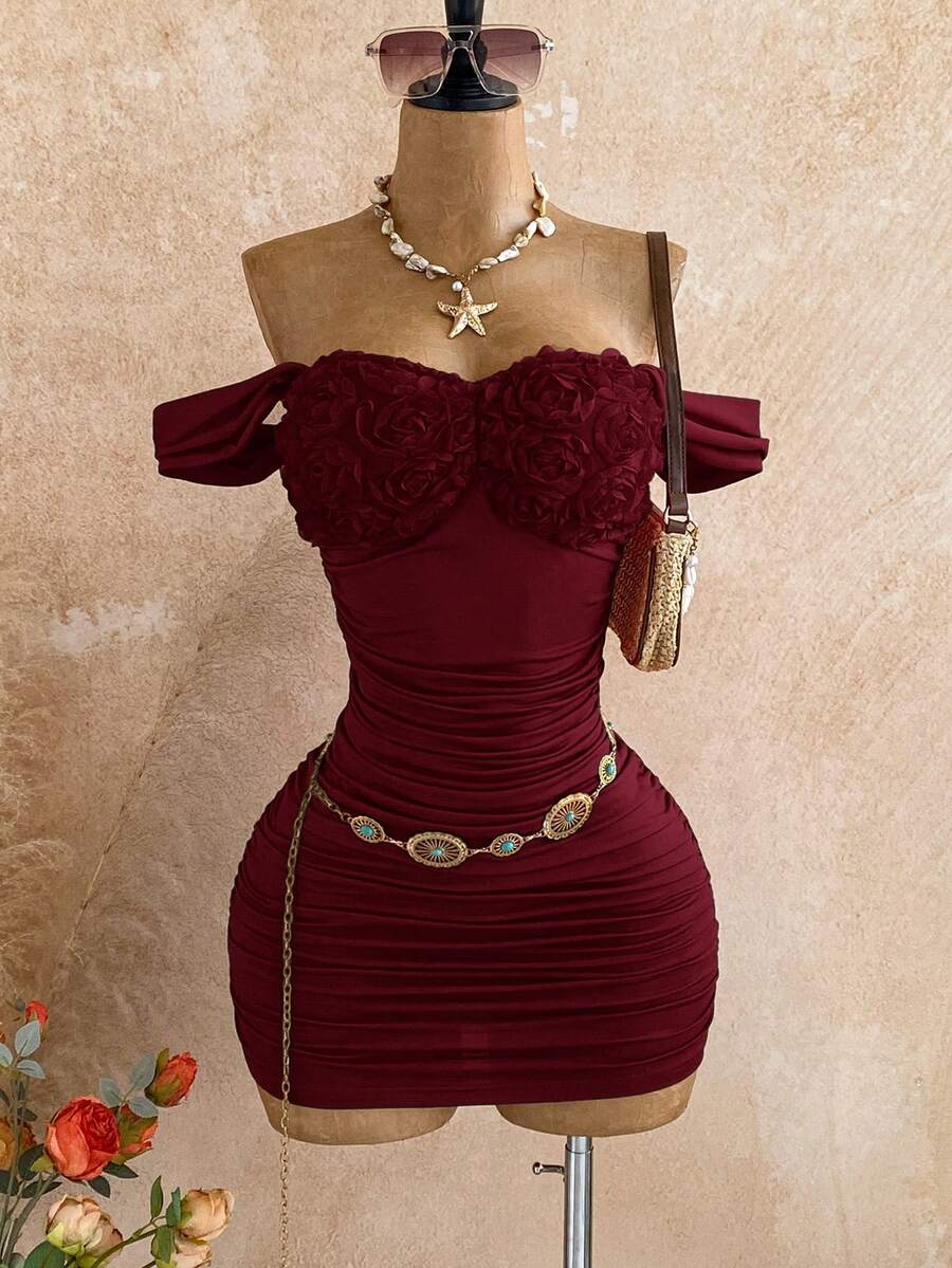 Soleia 女士3D立体花卉装饰露肩褶皱修身迷你连衣裙 - 酒紅色 - 查看 1