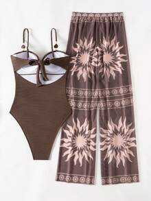 Swim Oasis Brown Two Pieces Swimsuit Set With Mesh Pants And Beaded Accents For Women - Brown - View 6