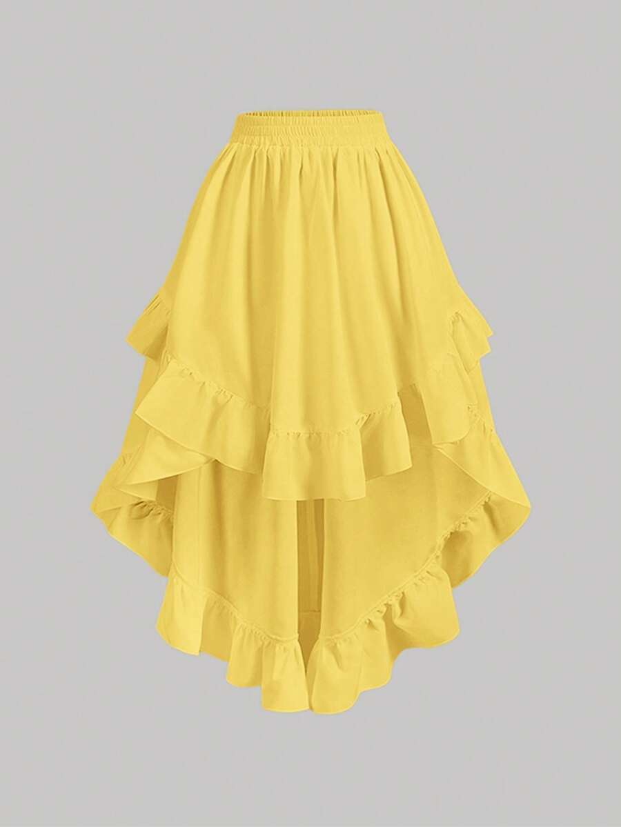 SHEIN MOD Rok Wanita Putih dengan Hiasan Rumbai di Bagian Bawah, Rok A-Line Berlapis Warna Hitam Bergaya Retro - Angsa kuning - View 1