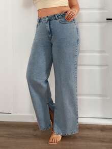 EURMUSE Plus High Waist Light Blue Wash Casual Style Regular Fit Slit Detailed Straight Jean - Light Wash - View 5