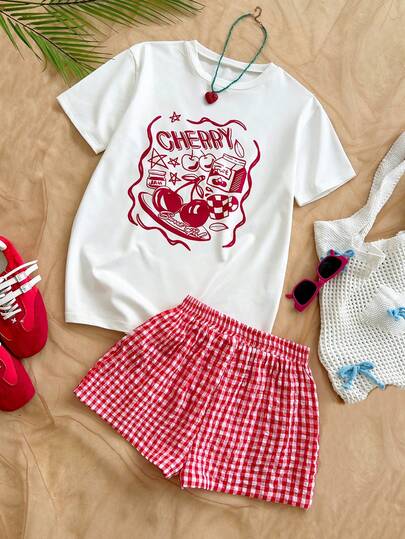 Soleia 女士度假休闲两件套：可爱野餐印花T恤+红白格子宽松短裤，适合海滩、邮轮、城市度假、假期、野餐、音乐节、波西米亚风、夏季、复古度假、通勤等场合。