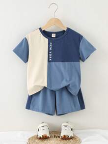 Cozy Pixies 2 pièces/set Top à manches courtes col rond tricoté et short taille élastique pour jeune garçon, en couleurs contrastées - Bleu azur - Voir 9