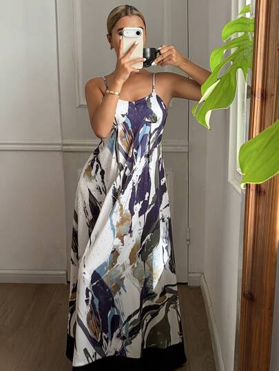 Livesso Color Block Pattern Sleeveless Camisole Waist Dress, Summer Loungewear For Women