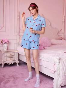 Bonmuse 女款泡泡短款睡衣套裝 - 短袖鈕扣領上衣與長褲，柔軟睡衣，可機洗，適合夏季居家休閒穿著 - 藍色 - 查看 6