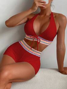 SHEIN Swim 2件套新款春夏红色露背系带短款上衣和短裤，度假休闲沙滩派对比基尼泳装，女士 - 紅色 - 查看 1