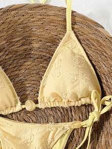 Swim Mod Bộ bikini dây mảnh màu vàng, chất liệu vải dệt họa tiết, kiểu buộc dây hai bên, cạp cao, thích hợp cho mùa xuân/hè 2026, ngọt ngào và dễ thương cho kỳ nghỉ. - Màu vàng - Xem 5