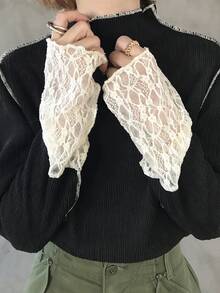 FRIFUL Women's Mock Neck Long Sleeve Fitted Cuff Color Block Splice Wavy Hem Decor Regular Pullover T-Shirt - Black - View 5