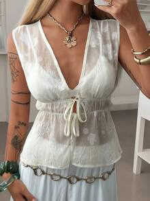 DAZY Women's Solid Color Drawstring Tie Waist Long Flare Sleeve V-Neck Casual Elegant Autumn/Winter Top Summer - Beige - View 5
