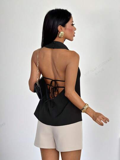 SHEIN PETITE Nueva blusa elegante de primavera/verano para ir a trabajar, camisa de oficina negra ajustada con cuello asimétrico vintage moderno, sin mangas, halter, espalda descubierta, decoración de lazo, para conciertos y raves