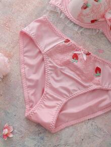 Strawberry 3D Embroidery Bow Soft & Smooth Lingerie Set, Girly Style - Pink - View 6