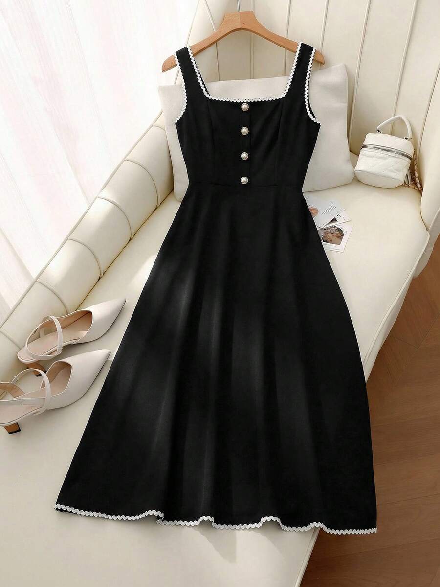 SHEIN Clasi Đầm không tay thanh lịch tối giản dành cho nữ, điểm nhấn là cúc cài và viền tương phản, thích hợp cho mùa hè. - Đen và trắng - Xem 1