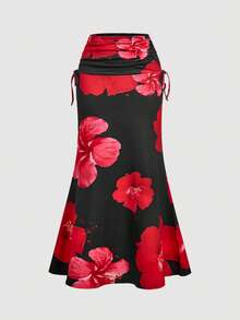 SHEIN MOD Chân váy nữ thanh lịch kiểu bohemian in hoa, thắt eo bằng dây rút, xếp ly, dáng đuôi cá. - màu đen - Xem 3